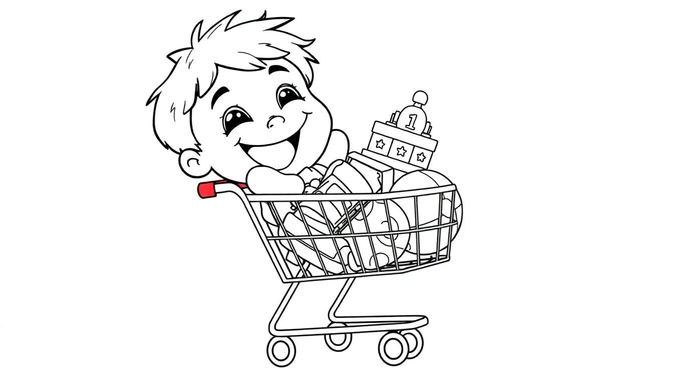 Placa de color para niños de un niño feliz en un carrito de compras con juguetes.