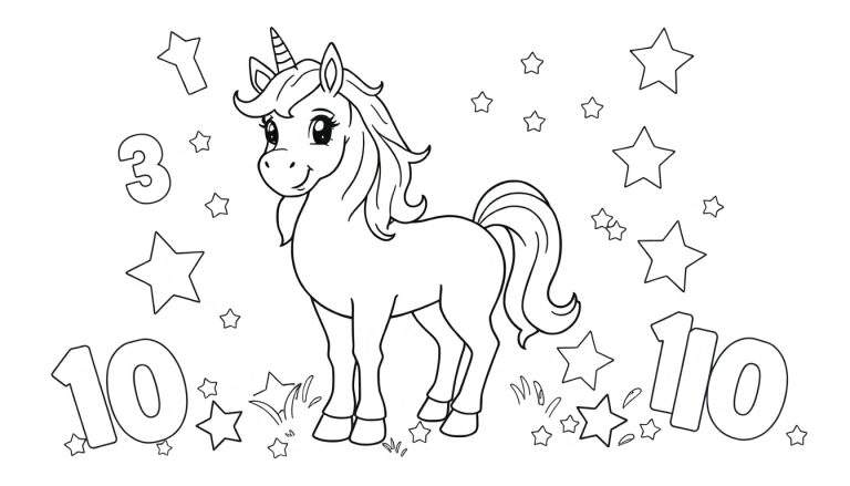 Placa de color de un unicornio feliz con estrellas y números para colorear.