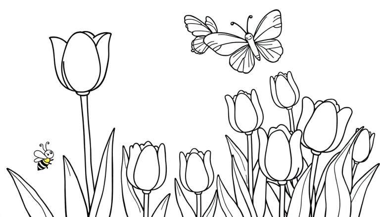Placa de color de un campo de tulipanes con una mariposa y una abeja.