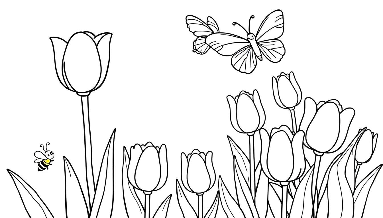 Placa de color de un campo de tulipanes con una mariposa y una abeja.