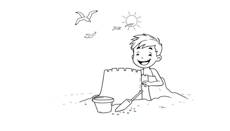 Placa de color: un niño feliz construyendo un castillo de arena en la playa con un sol y pájaros en el cielo.
