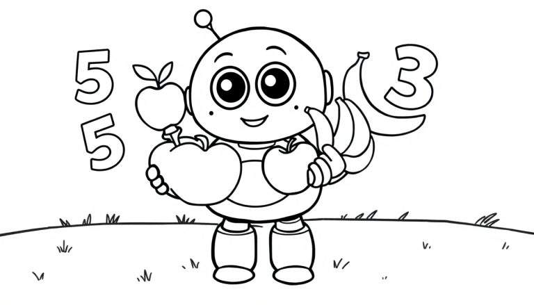 Placa de color de un robot simpático contando frutas con números.