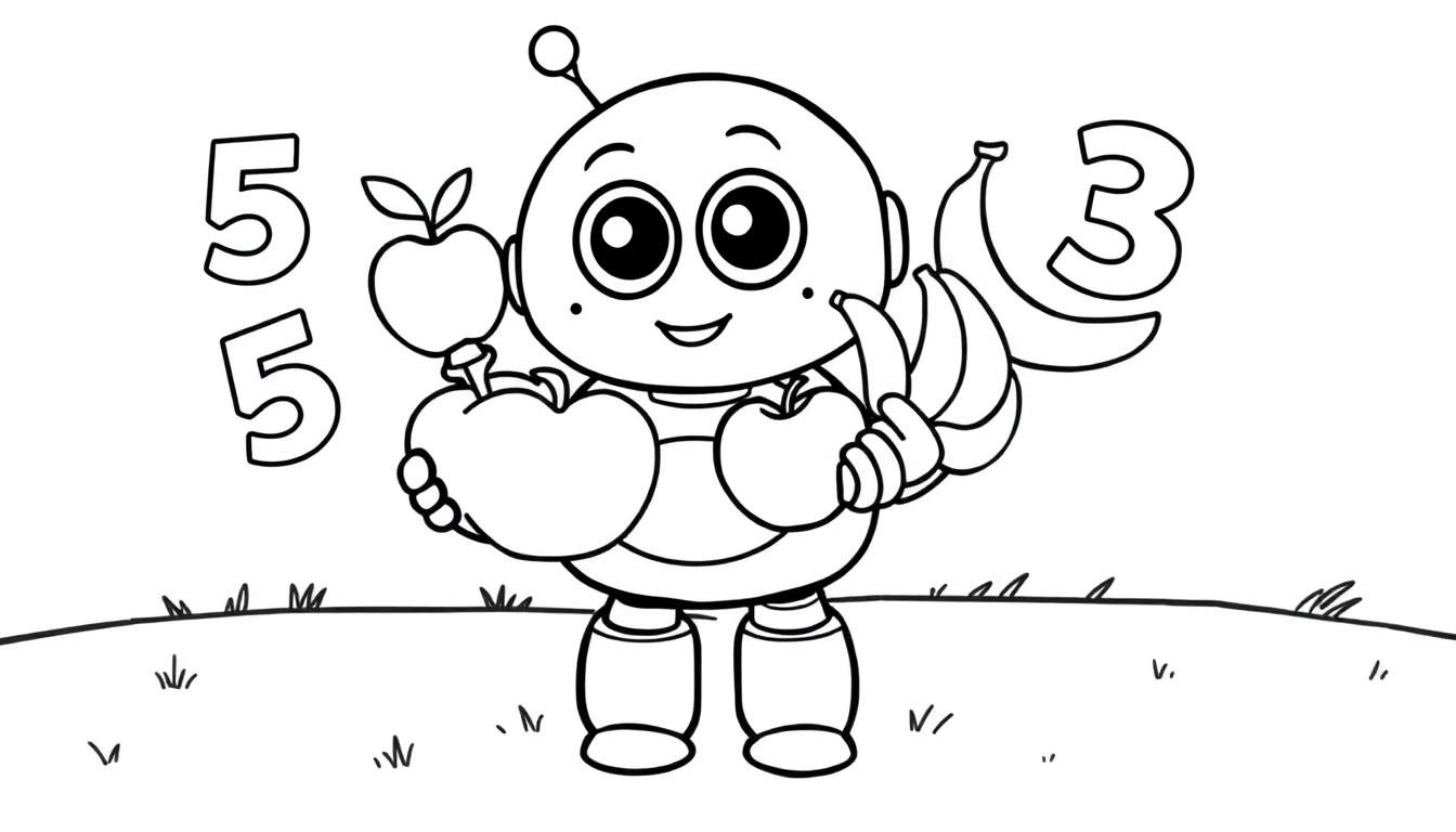 Placa de color de un robot simpático contando frutas con números.
