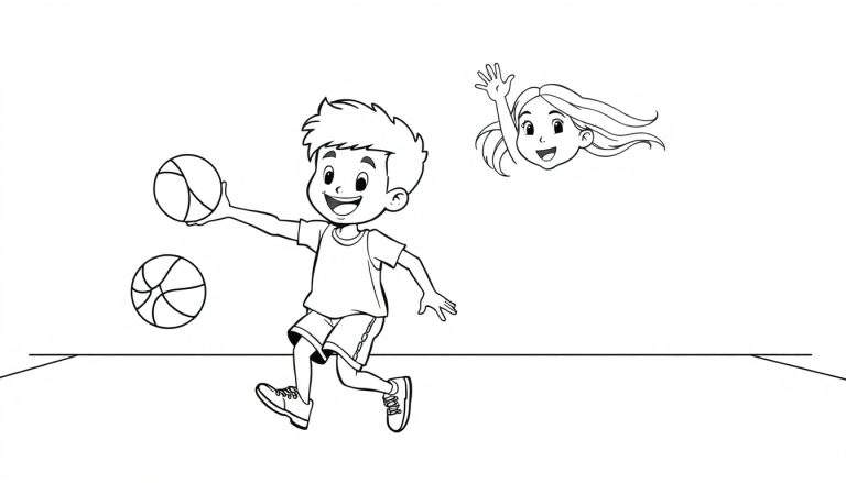 Placa de color: niño jugando baloncesto, niña saludando.