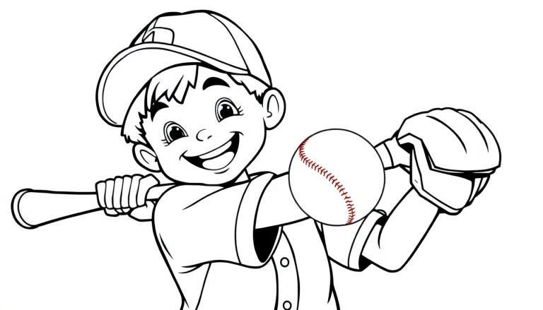 Placa de color de un niño feliz jugando al béisbol, listo para batear.