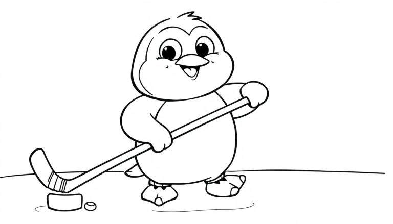 Placa de color: Un pingüino de dibujos animados jugando al hockey.
