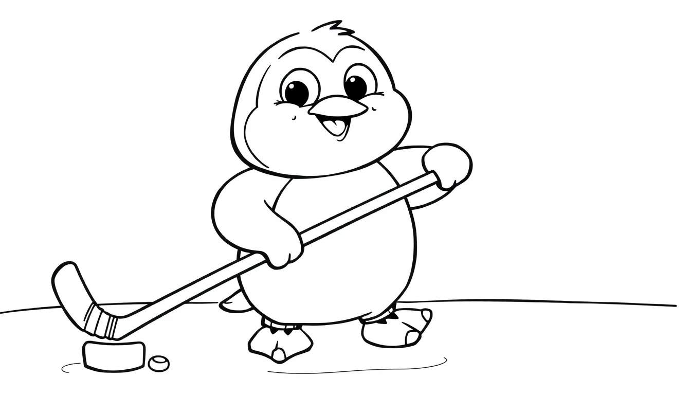 Placa de color: Un pingüino de dibujos animados jugando al hockey.