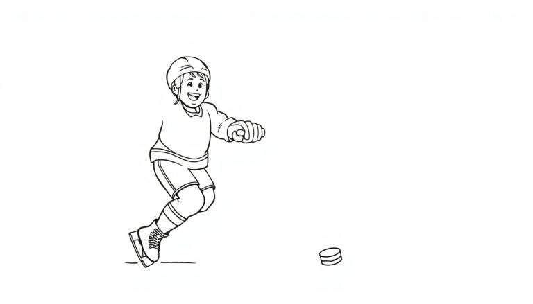 Placa de color de un niño jugando al hockey sobre hielo.