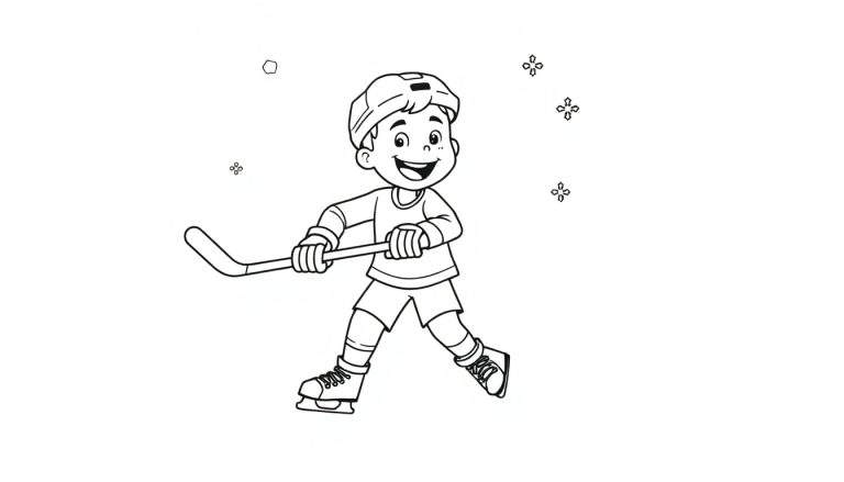 Placa de color para niños de un simpático jugador de hockey sobre hielo sonriendo.