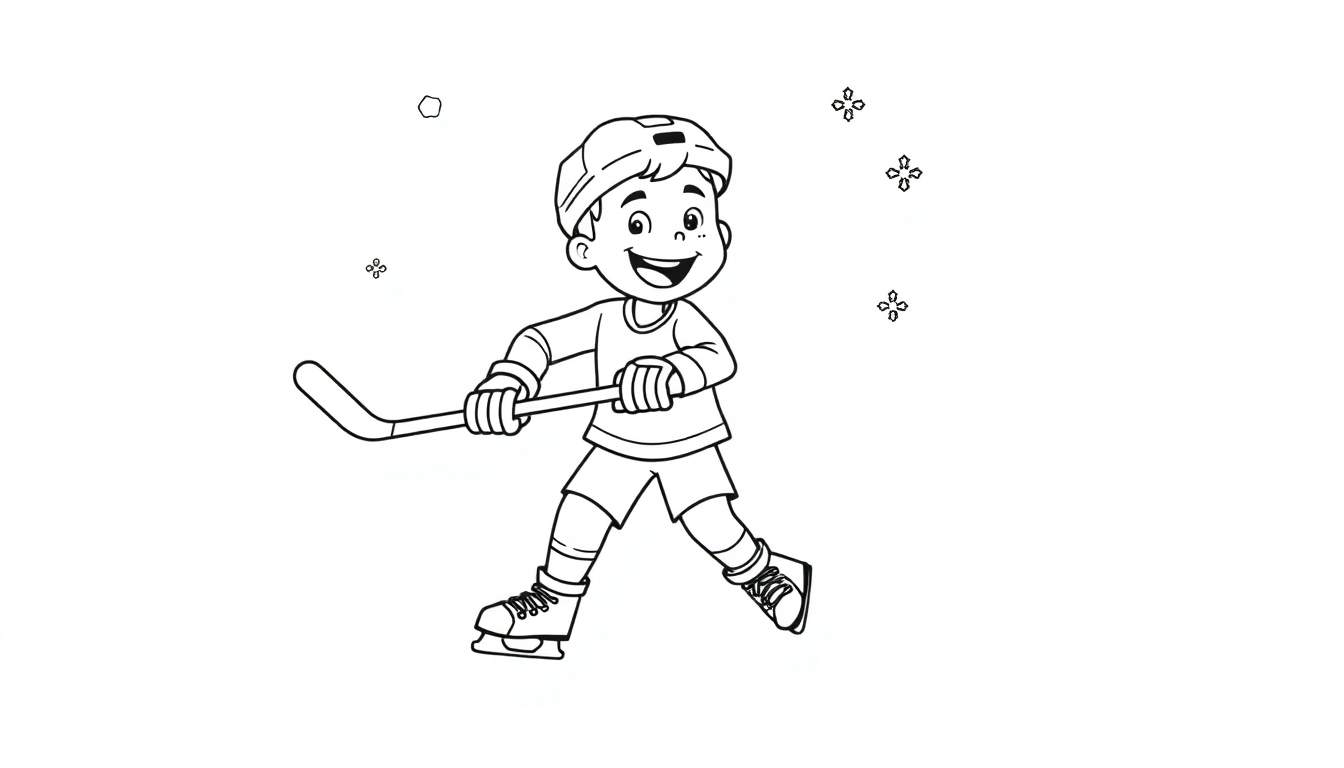 Placa de color para niños de un simpático jugador de hockey sobre hielo sonriendo.