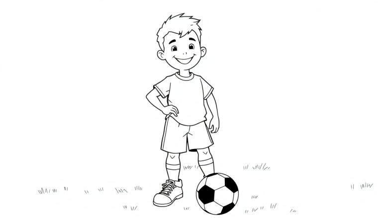 Un niño sonriente con ropa de fútbol, listo para jugar. Placa de color.