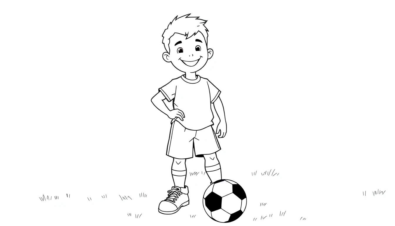 Un niño sonriente con ropa de fútbol, listo para jugar. Placa de color.