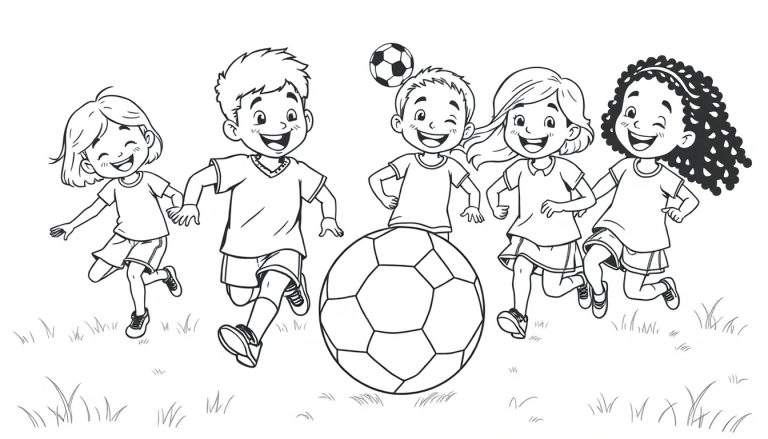 Placa de color de niños sonriendo jugando al fútbol.