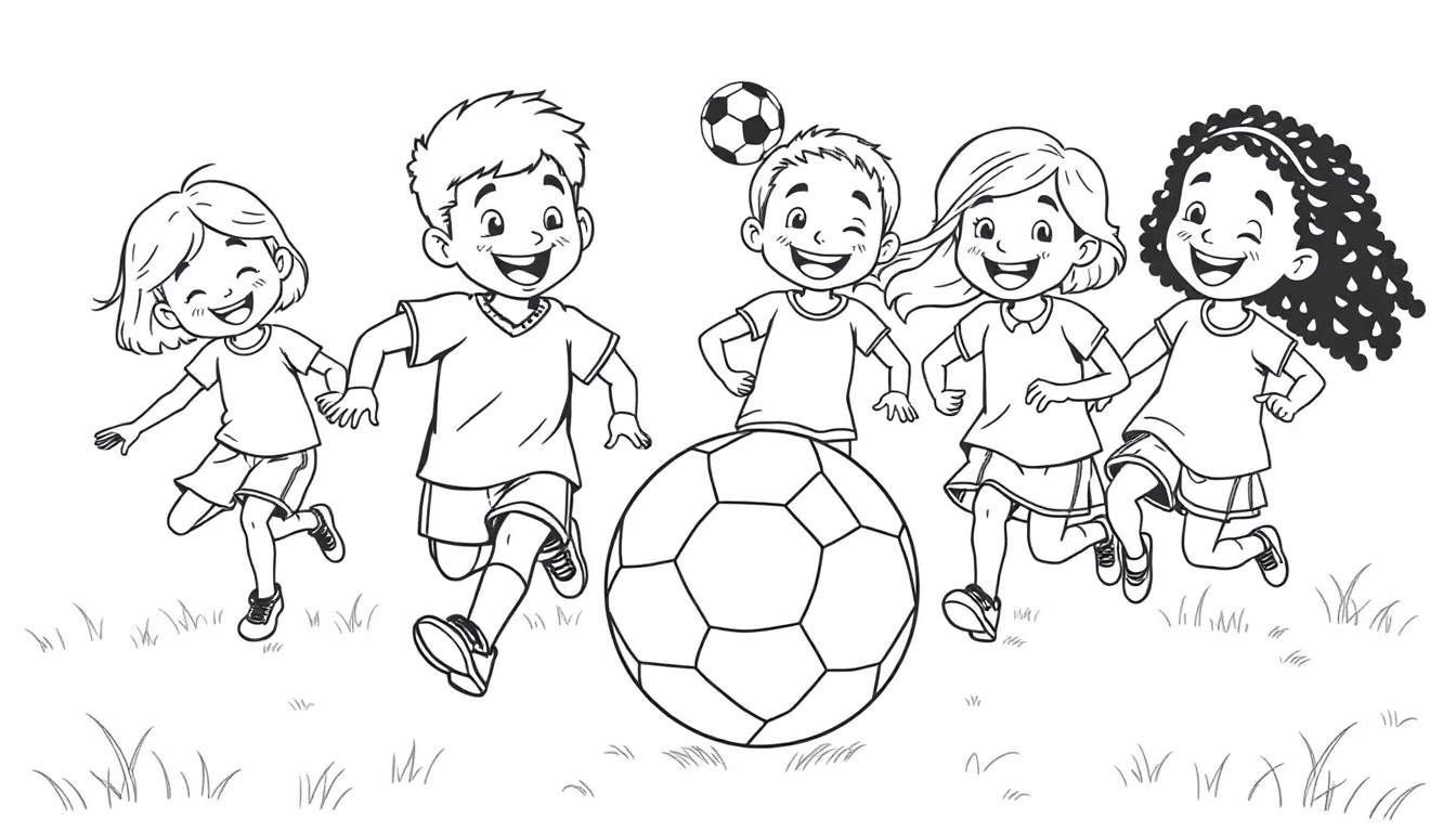 Placa de color de niños sonriendo jugando al fútbol.