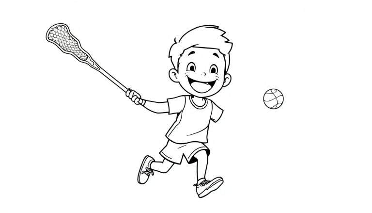 Placa de color de un niño sonriente jugando al lacrosse.