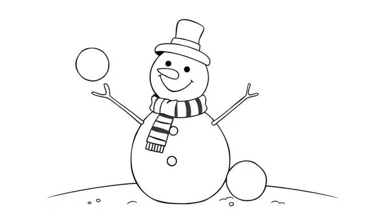 Placa de color de un muñeco de nieve sonriente con un sombrero de copa y bufanda, jugando con una bola de nieve.