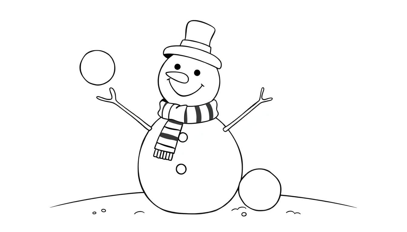 Placa de color de un muñeco de nieve sonriente con un sombrero de copa y bufanda, jugando con una bola de nieve.