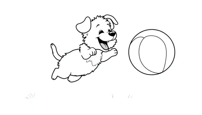 Placa de color de un perro blanco saltando hacia una pelota.