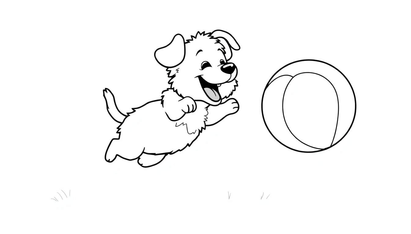 Placa de color de un perro blanco saltando hacia una pelota.