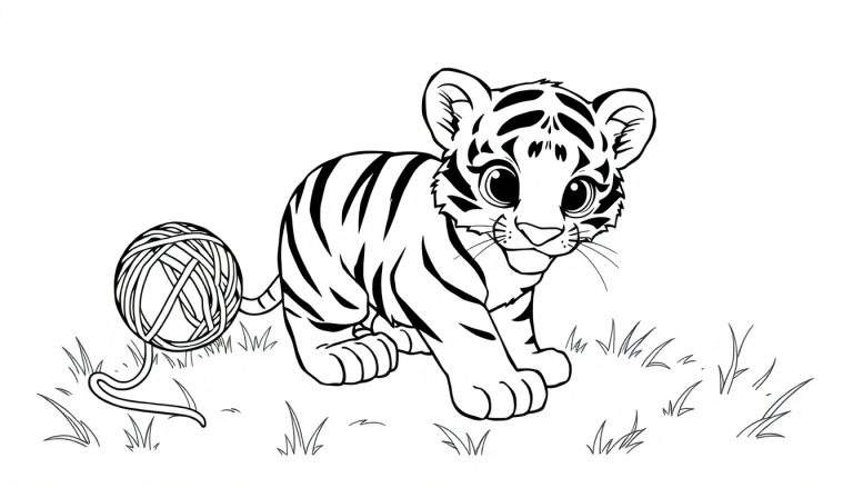 Placa de color de un lindo tigre juguetón, listo para colorear, en blanco y negro.