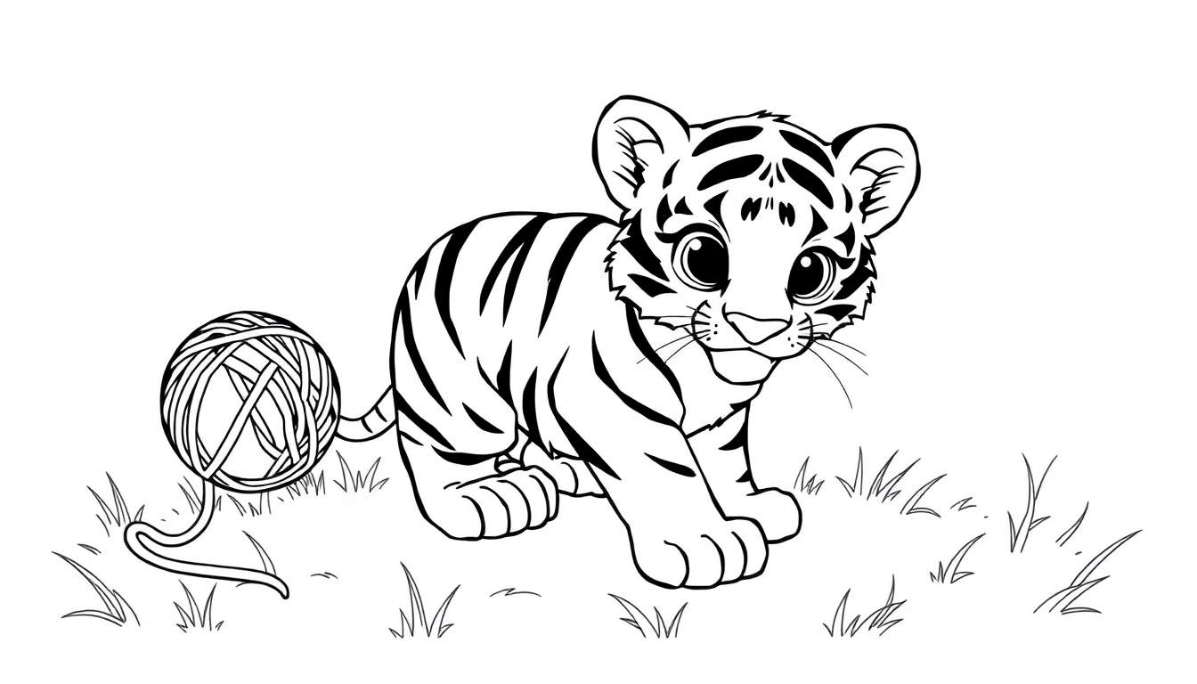 Placa de color de un lindo tigre juguetón, listo para colorear, en blanco y negro.