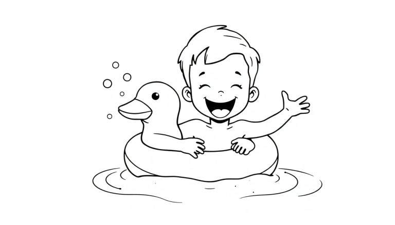 Un niño sonriente con un flotador de pato en una placa de color.