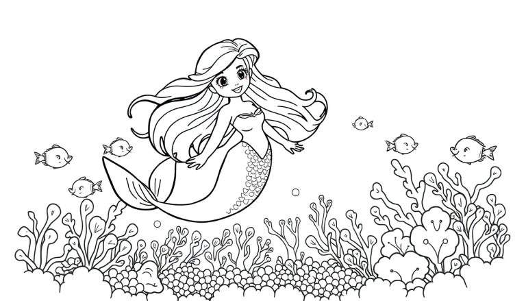 Dibujo en blanco y negro de una sirena sonriente nadando con peces y algas, una placa de color lista para colorear.