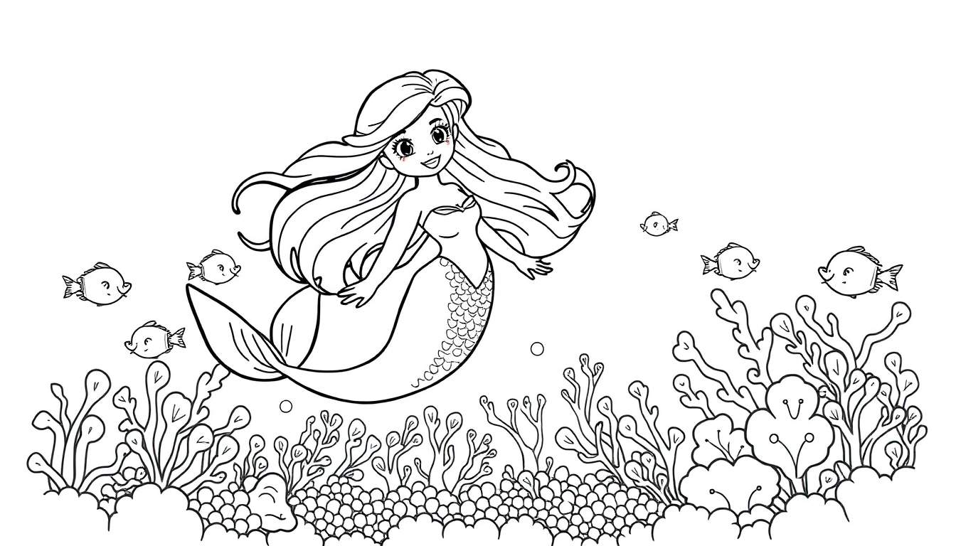 Dibujo en blanco y negro de una sirena sonriente nadando con peces y algas, una placa de color lista para colorear.