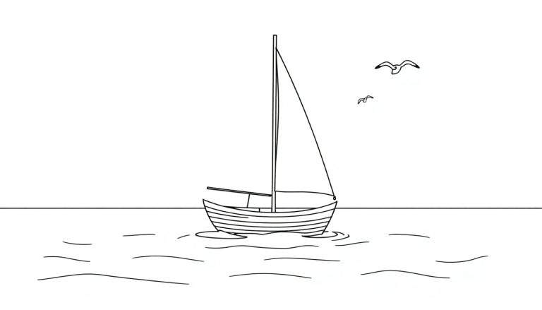 Un velero listo para ser coloreado con una vela triangular y gaviotas volando, presentado como una placa de color.