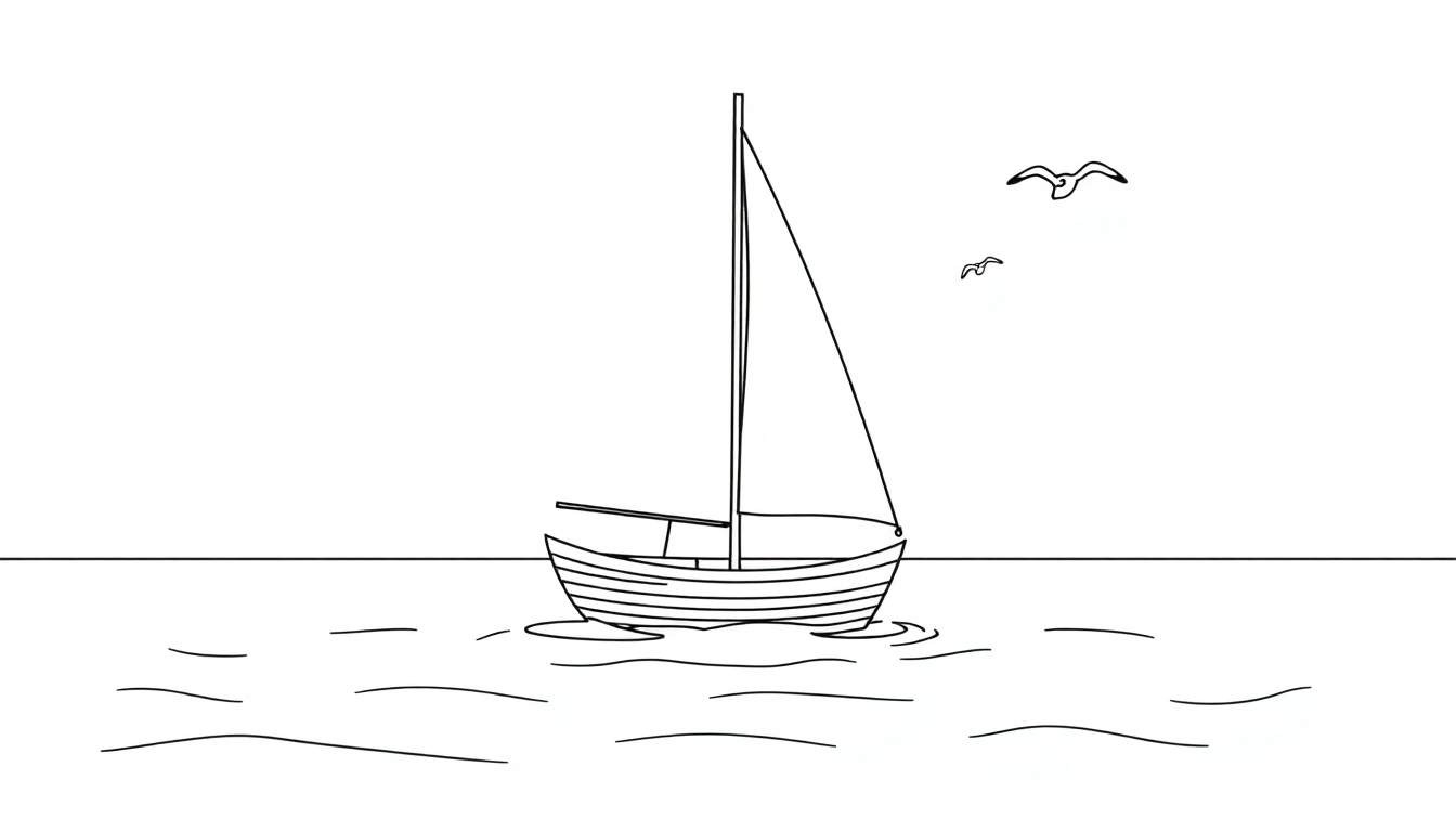 Un velero listo para ser coloreado con una vela triangular y gaviotas volando, presentado como una placa de color.