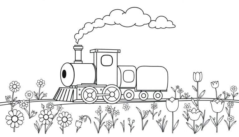 Placa de color con un tren de vapor sonriente rodeado de flores.