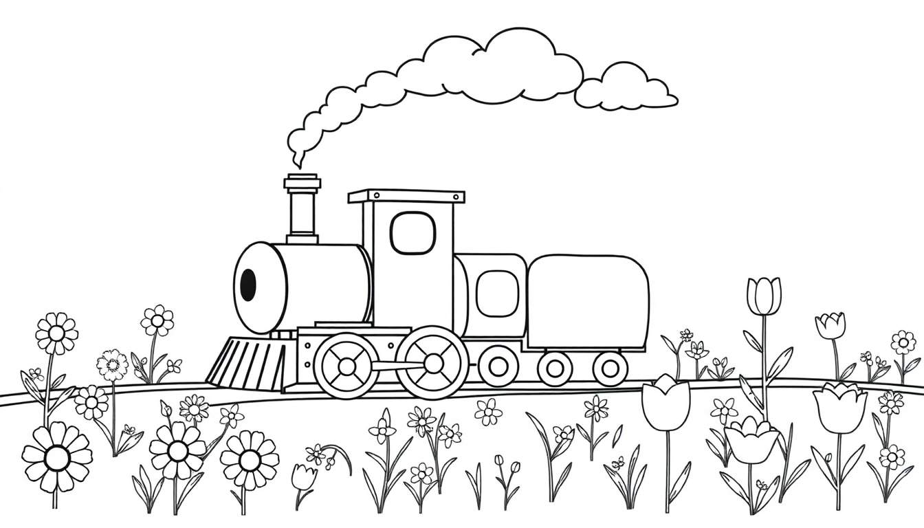 Placa de color con un tren de vapor sonriente rodeado de flores.