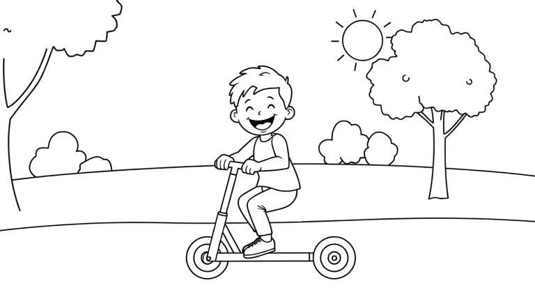 Placa de color de un niño feliz en patinete, listo para colorear.