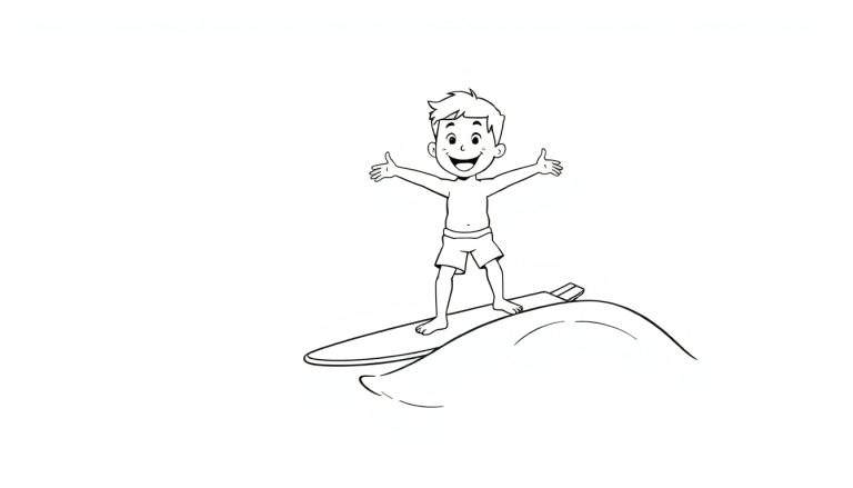 Un niño feliz en una placa de color surfeando una gran ola.