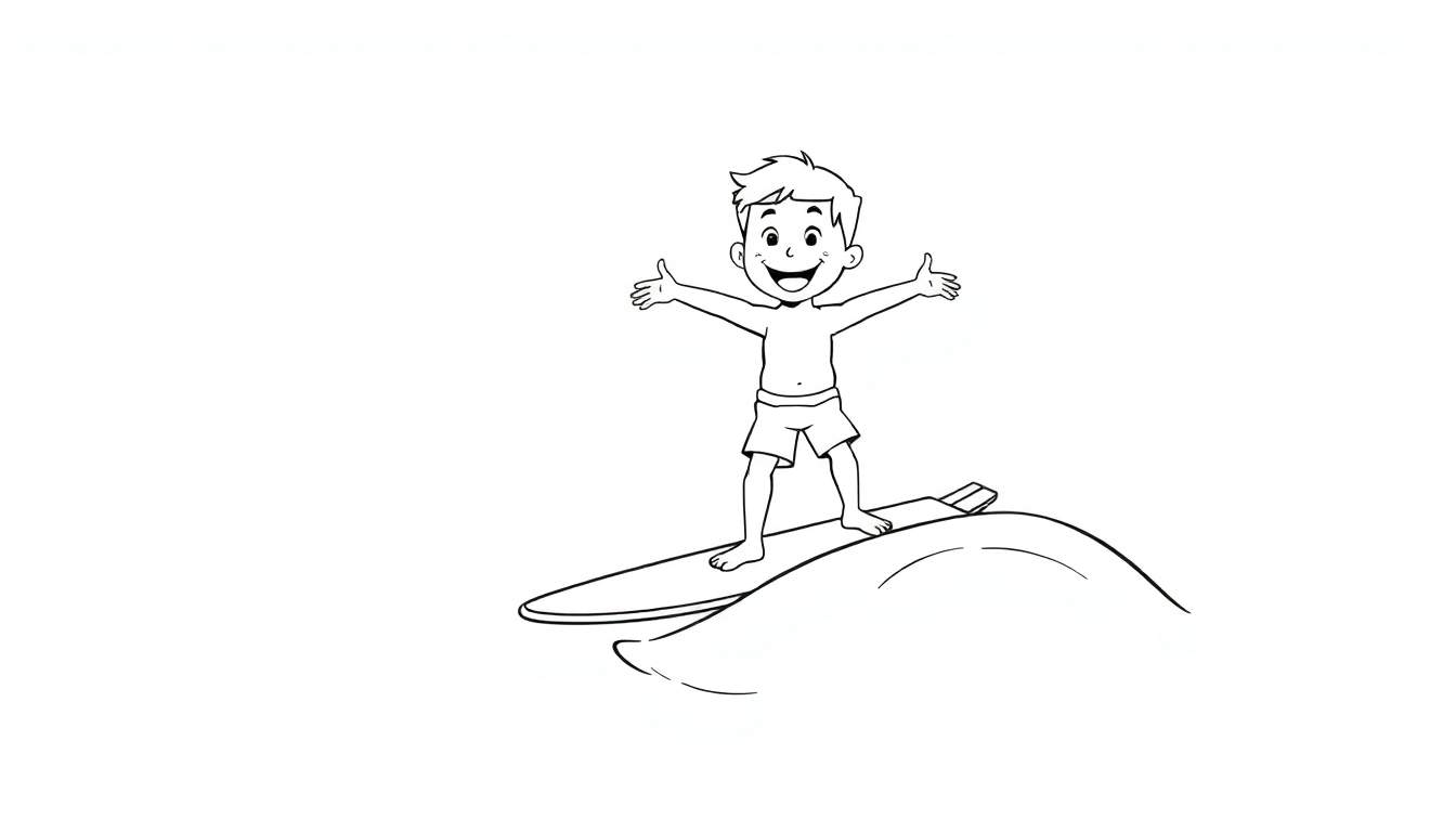 Un niño feliz en una placa de color surfeando una gran ola.