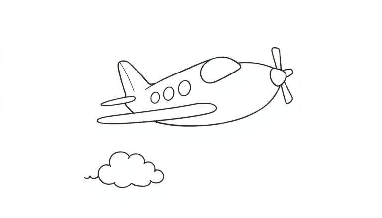 Un avión caricaturizado con tres ventanas y una hélice, volando sobre una pequeña nube, todo en blanco y negro, listo para ser una placa de color.