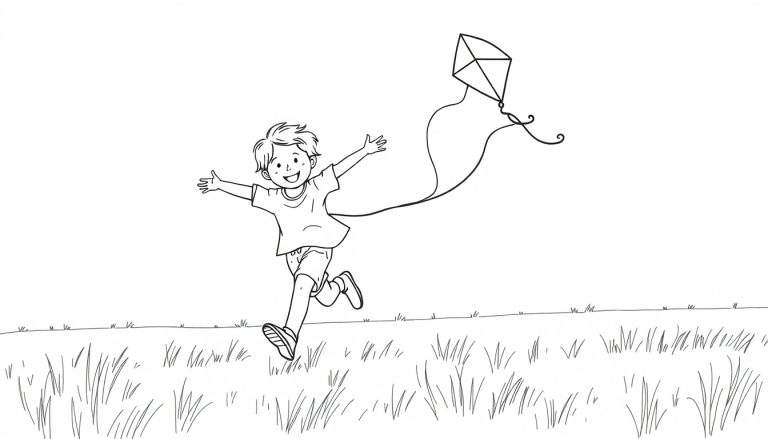 Placa de color de un niño feliz volando una cometa en un campo verde.