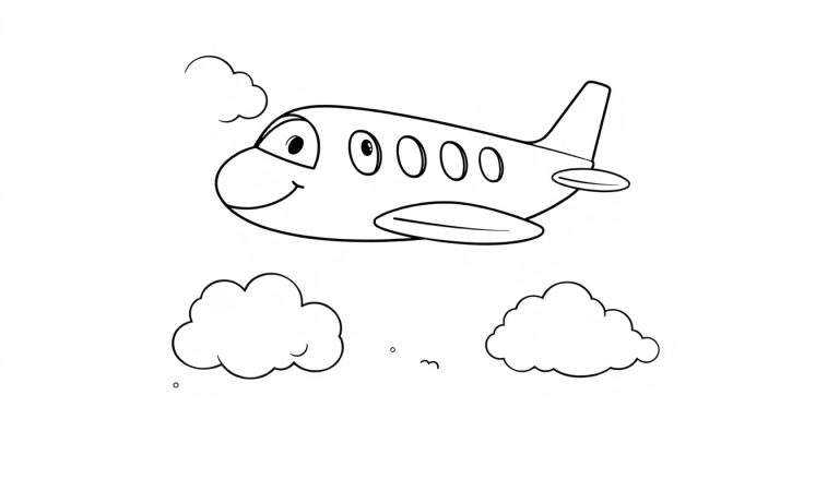 Avión de dibujos animados volando entre nubes en blanco y negro, listo para colorear.