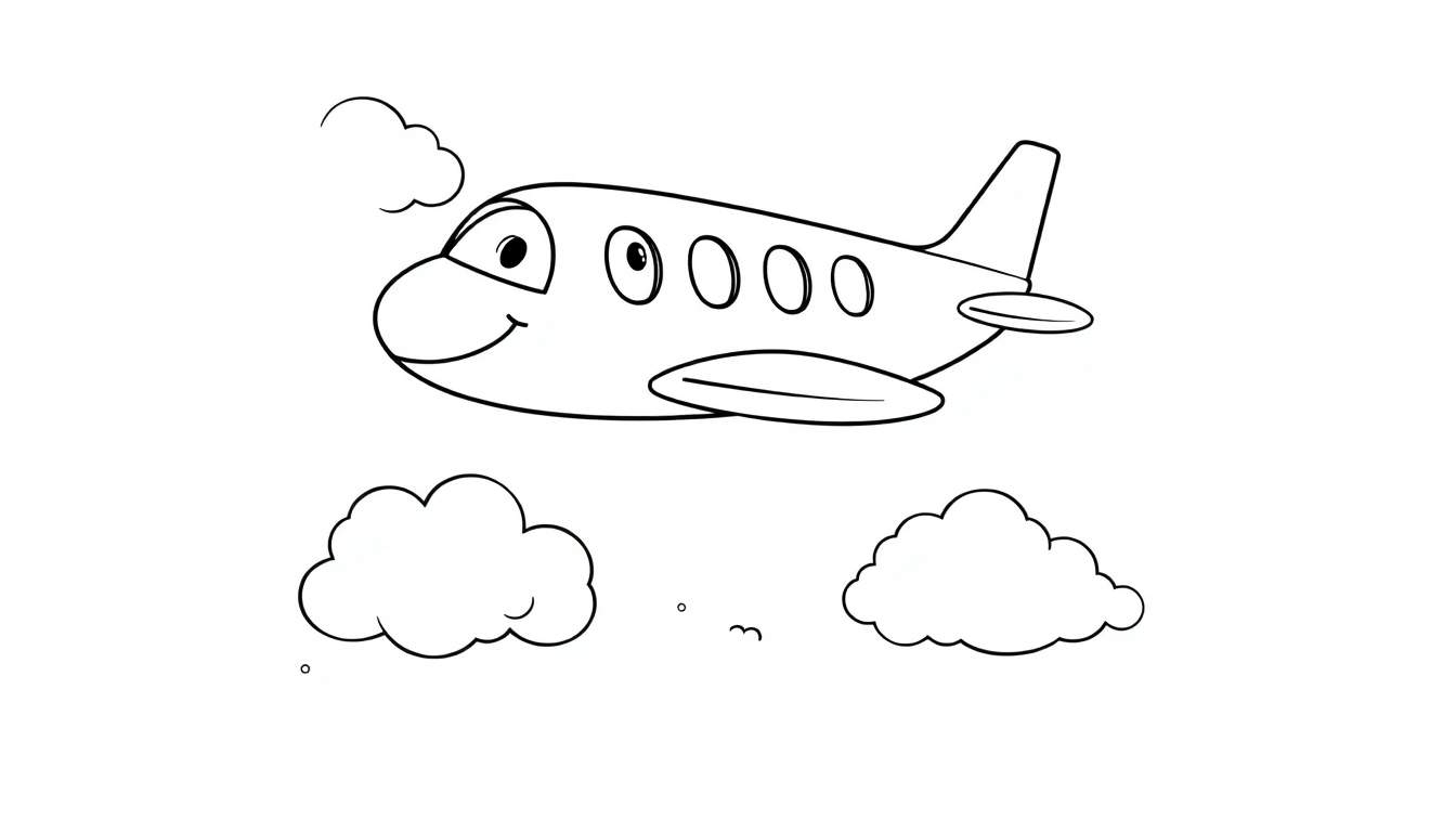 Avión de dibujos animados volando entre nubes en blanco y negro, listo para colorear.