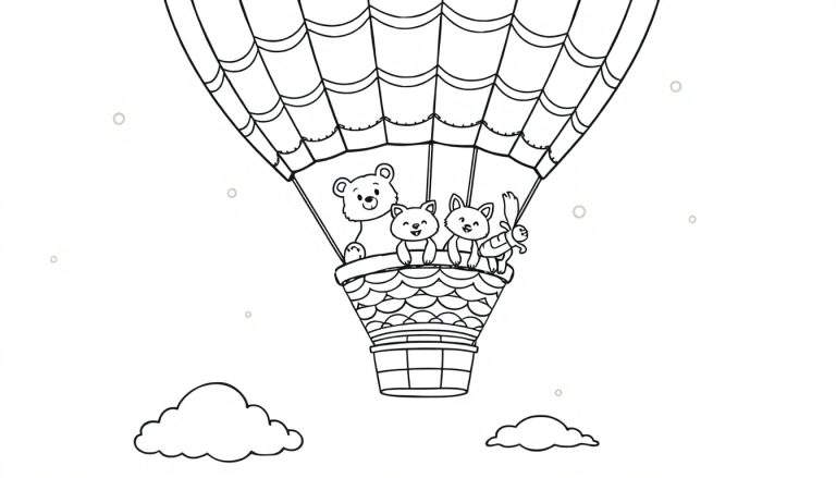 Placa de color de un globo aerostático con animales amigables.