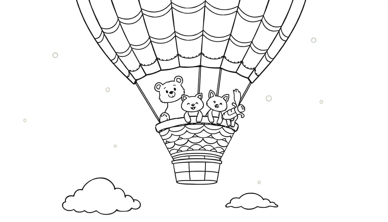 Placa de color de un globo aerostático con animales amigables.