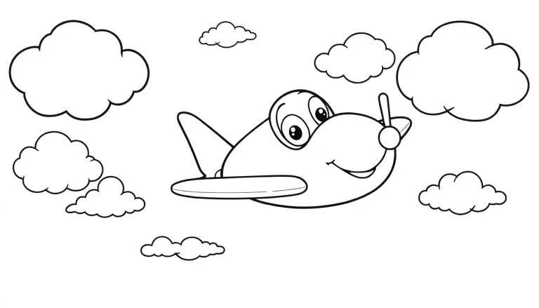 Un avión de dibujos animados con una cara sonriente volando entre nubes, listo para ser coloreado en esta placa de color.