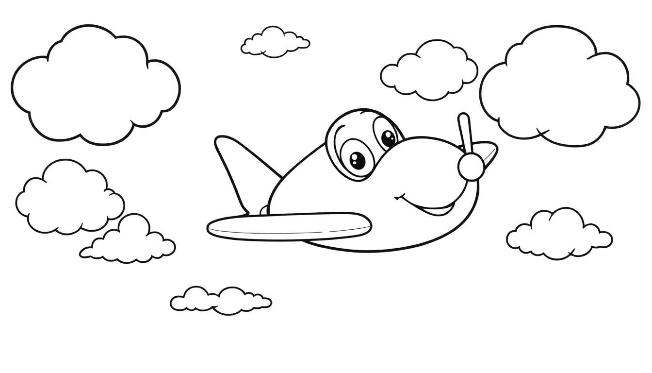 Un avión de dibujos animados con una cara sonriente volando entre nubes, listo para ser coloreado en esta placa de color.