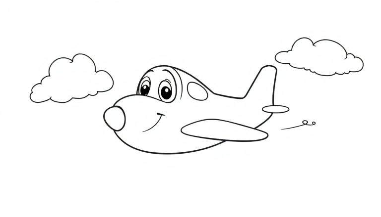 Placa de color con un avión de juguete sonriente volando entre nubes.