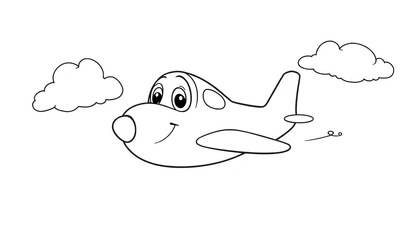 Placa de color con un avión de juguete sonriente volando entre nubes.