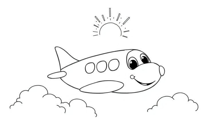 Placa de color de un avión sonriente volando entre nubes bajo el sol.