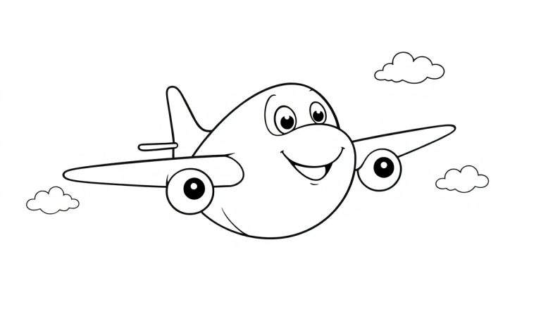 Placa de color de un avión sonriente volando entre nubes.
