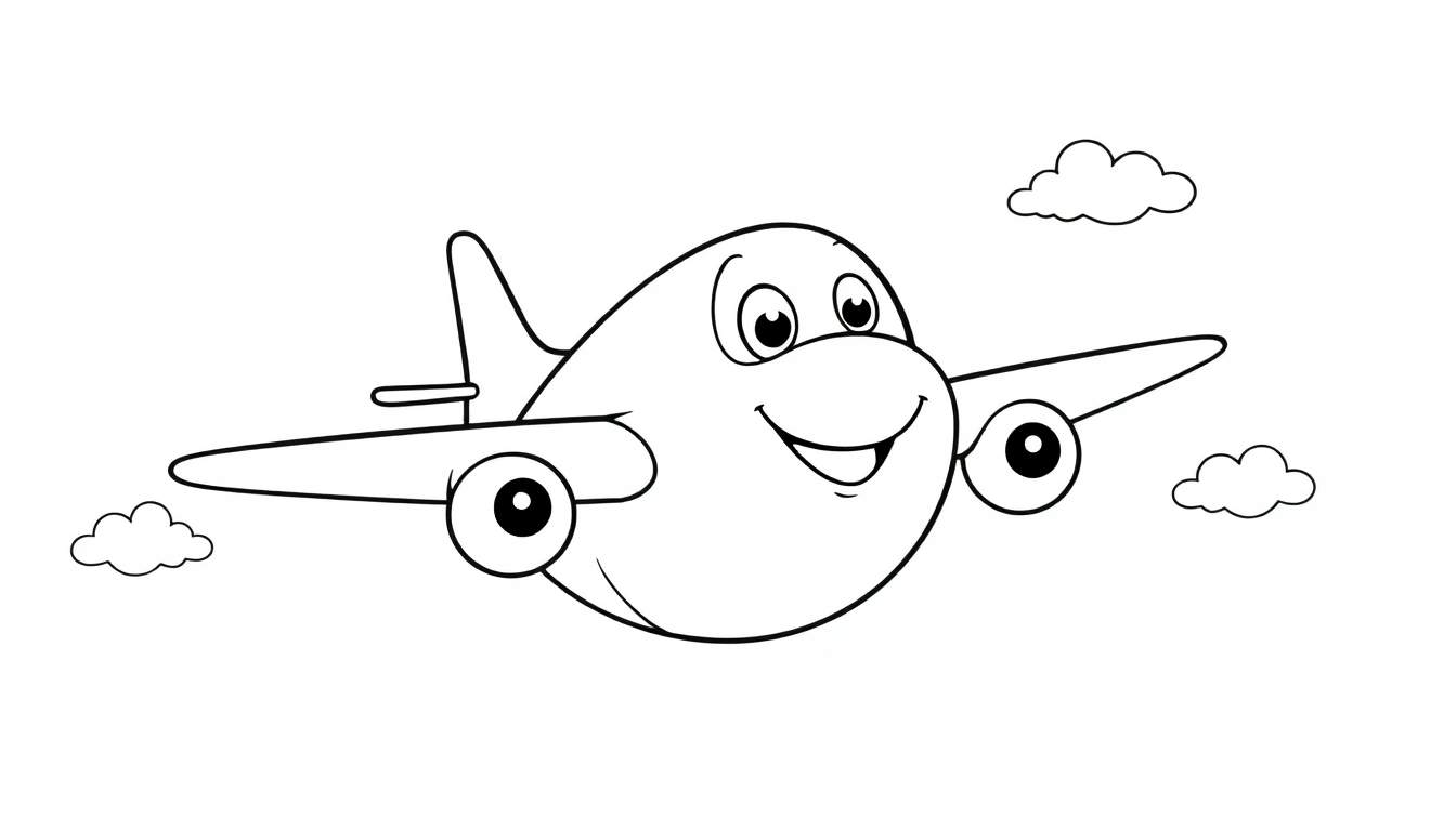 Placa de color de un avión sonriente volando entre nubes.