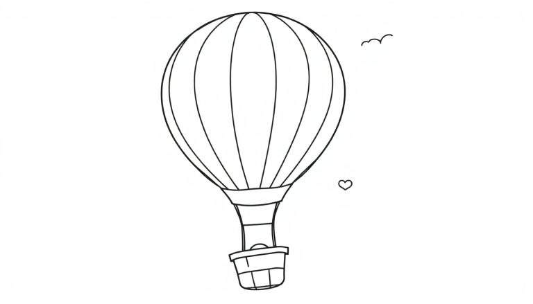Placa de color de un globo aerostático dibujado a mano con un pájaro y un corazón.