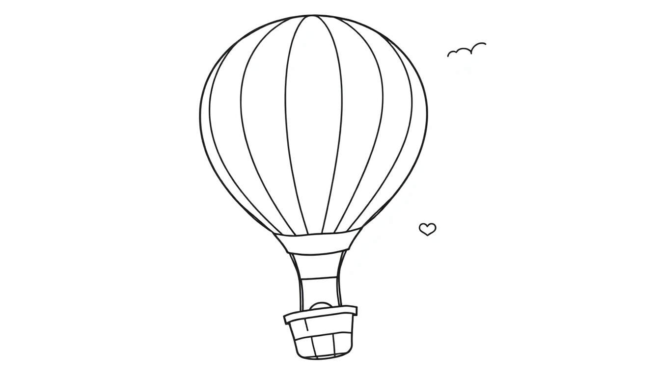 Placa de color de un globo aerostático dibujado a mano con un pájaro y un corazón.